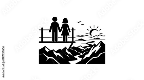 Couple Admiring Mountain View from Bridge