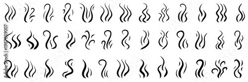 Set of swirling vapor doodles. Hot air waves, fragrant incense clouds, cooking fumes, and warm wind effects for naive graphic design decoration. Vector smells, steam lines isolated no background.