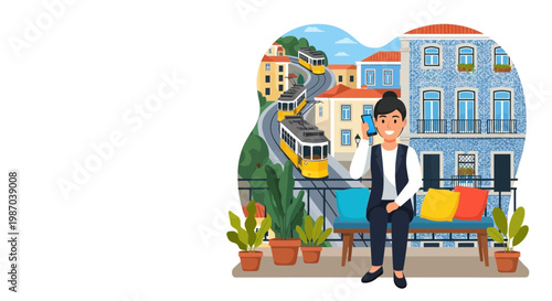 Woman on balcony with phone, enjoying picturesque European cityscape, featuring trams and historic architecture. Vector illustration