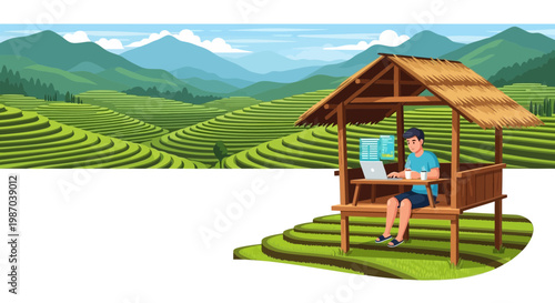 Vector illustration A remote worker uses a laptop inside a peaceful hut overlooking terraced rice fields and mountains