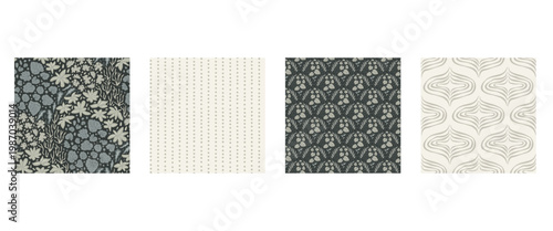 Seamless pattern of leaves on dark background in a grey garden. Botanical plant surface with seamless motifs as a vector collection. Floral, pond and leaves on neutral grey for wallpaper.