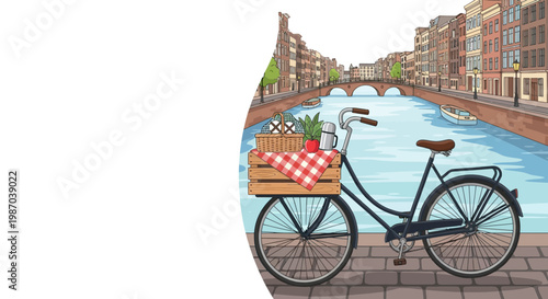 Charming European canal scene featuring a vintage bicycle with a picnic basket on a cobblestone street, a delightful Vector illustration capturing urban charm and tranquil travel