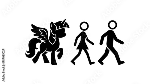 Unusual Trio Pony and Stick Figure People Marching Together