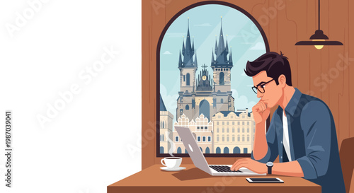 Vector illustration Man working remotely on laptop in a cafe, overlooking a historic European city view from the window. Ideal for travel and digital nomad concepts, showcasing a connected lifestyle