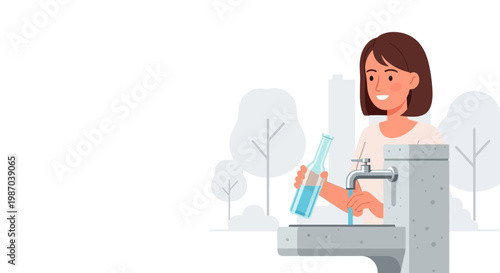 A smiling woman refills a reusable glass bottle with fresh water from a public dispenser. This vector illustration promotes sustainable hydration, healthy living, and eco-friendly habits