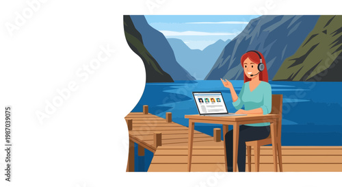 Vector illustration Woman working remotely on laptop with headset from lakeside pier. Symbolizes flexible digital work and connection