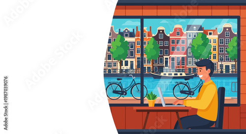 Vector illustration Man working remotely on laptop in cafe, window overlooks European canal city. Modern digital nomad lifestyle, flexible work