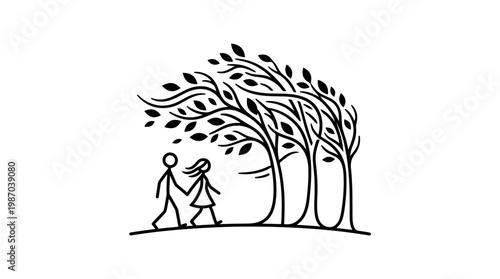 Couple Walking Under Windy Trees