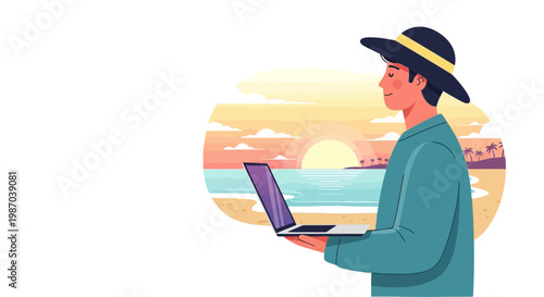 Vector illustration of a relaxed man working remotely on a laptop at a beautiful tropical beach during sunset, embodying digital nomad lifestyle and work-life balance