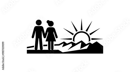 Couple Holding Hands Watching Sunrise Over Mountains