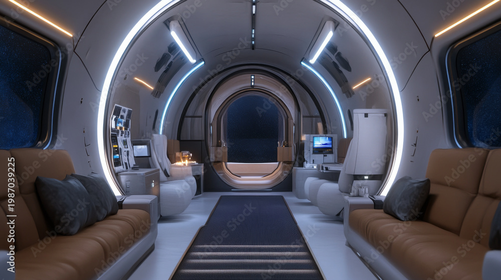 Fototapeta premium Modern interior of a spaceship with comfortable seats, sleek design, and glowing lights. The spacious, futuristic environment emphasizes advanced space travel.