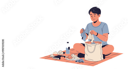 Vector illustration of a person engaged in domestic chores, sitting on a mat and meticulously sorting clothes from a bag, portraying a routine of home organization and tidiness
