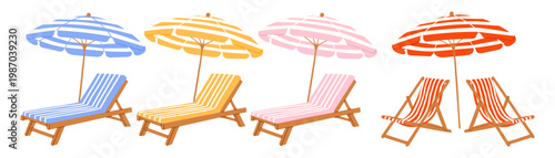 Beach umbrella and lounge chair set, summer seaside furniture with striped deck chair and parasol. Flat doodle hand drawn illustration. For social media, poster and print