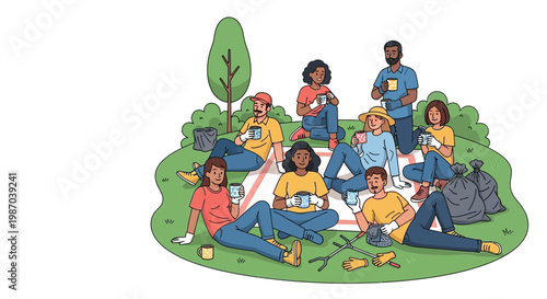 Vector illustration Diverse volunteers relax on a picnic blanket in a park after a community cleanup. Teamwork and environmental care