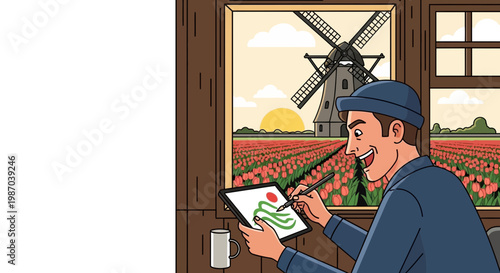 Vector illustration Happy artist digitally paints a picturesque Dutch scene, featuring vibrant tulip fields and a classic windmill, capturing creative joy