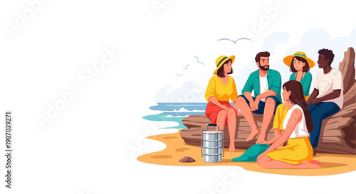 Vector illustration Diverse friends enjoying a relaxing beach day, sharing a delightful picnic and lively conversation by the ocean, celebrating summer leisure