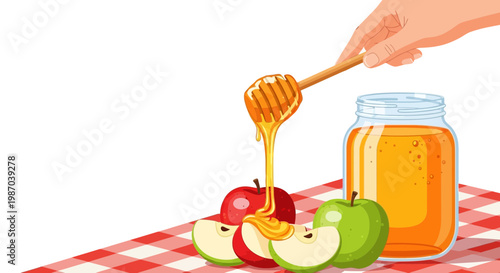 Vector illustration of a hand dipping golden honey into a glass jar, alongside fresh red and green apple slices on a checkered tablecloth, symbolizing sweetness and harvest for festive occasions
