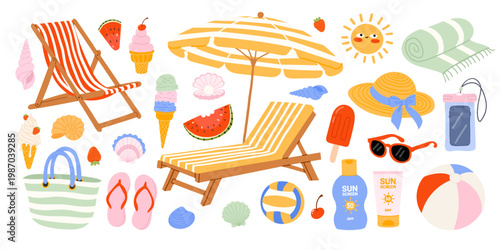 Beach accessories sticker set with sun umbrella, deck chairs and sunglasses. Hand drawn doodle sunscreen, beach bag and ball. Vector illustration for stickers and scrapbooking