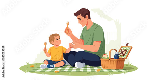 Happy father and child enjoying a sunny outdoor picnic on a green blanket, sharing joyful moments. Vector illustration of family bonding during leisure time