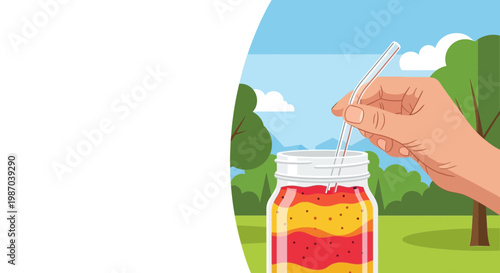 Hand placing straw into refreshing layered fruit smoothie jar, vibrant Vector illustration. Healthy beverage enjoyed outdoors in a serene park setting