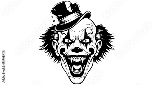 Scary Clown Face with Top Hat, Evil Grin, Sharp Teeth, Horror, Halloween