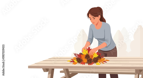 Vector illustration Woman arranging vibrant autumn leaves, pinecones, and acorns on a wooden picnic table, crafting a seasonal fall display
