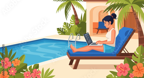 Vector illustration of a woman working remotely on her laptop by a serene swimming pool in a luxurious tropical resort, blending productivity with relaxation on vacation