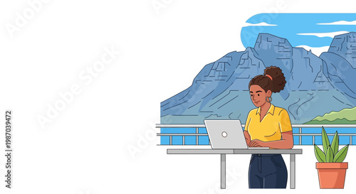 Vector illustration capturing a smiling young woman working efficiently on her laptop from a scenic balcony, enjoying a beautiful mountain vista and embodying the freedom of a digital nomad lifestyle