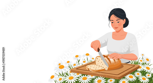Vector illustration of a smiling woman slicing fresh bread on a wooden board, surrounded by blooming daisies, portraying wholesome home baking