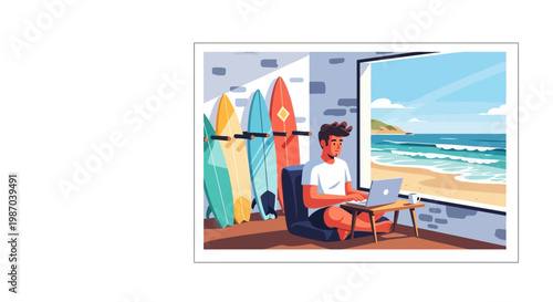 Vector illustration Digital nomad working on laptop with a scenic beach and ocean view. Surfboards nearby, highlighting a flexible remote work lifestyle