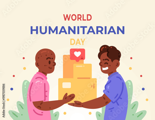 International Humanitarian Day. Concept of donation, charity, alms. Illustration of donors giving aid boxes or donations to disaster or war victims. Providing aid and assistance. Solidarity