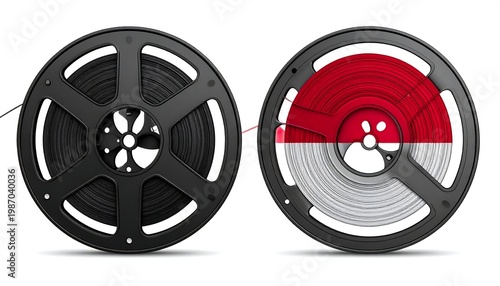 A side-by-side depiction of two film reels. One is solid black; the other features a red and white stripe pattern