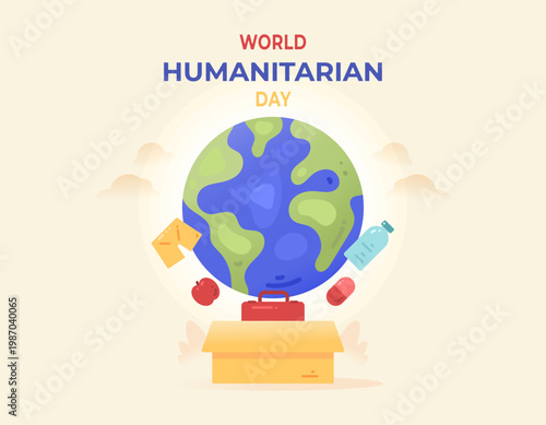 International Humanitarian Day. The concept of donation, charity, and almsgiving. Illustration of the earth with boxes containing aid or donations. Providing aid and assistance. Solidarity, global aid