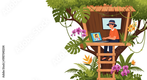 Vector illustration of a person working remotely on a laptop during a video call from a treehouse amidst a lush tropical jungle, showcasing flexible lifestyle