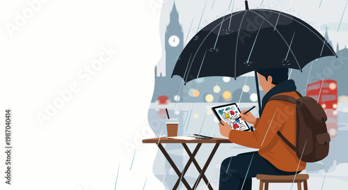 Vector illustration of a person working on a tablet at an outdoor cafe. Rainy urban scene with umbrella, conveying focused creativity and productivity