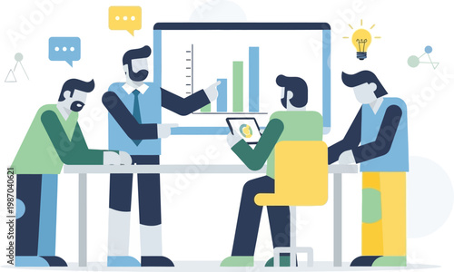 Teamwork Collaboration Illustration, Business Meeting Flat Design, Modern Office