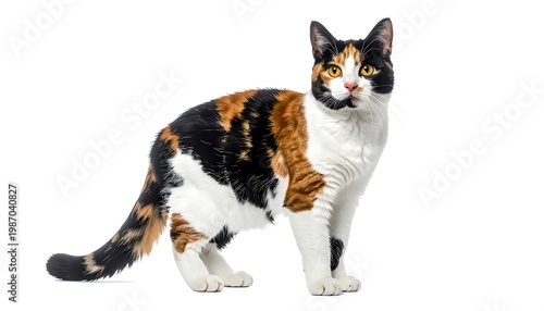 A side-on studio portrait shows a relaxed calico feline on a white background, displaying a patchwork of fur in brown, black, and white