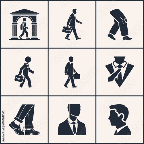 A set of illustrations depicting a businessman in various walking poses, shown in silhouette against a neutral background.