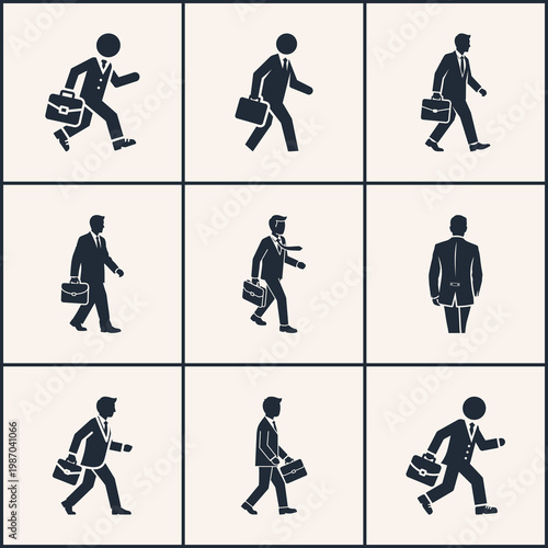 A set of silhouettes depicting a businessman walking in various directions, carrying a briefcase, conveying a sense of professionalism and daily office life.