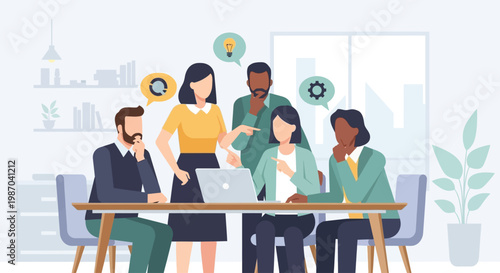Teamwork Collaboration Illustration, Business Meeting Flat Design, Modern Office