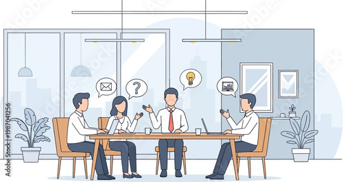 Corporate Meeting Illustration, Team Discussion Flat Vector, Office Concept