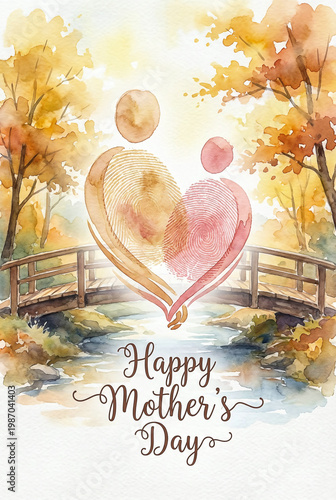 A soulful watercolor Mother’s Day card featuring two fingerprint figures forming a heart over a scenic bridge. Warm autumn trees and a flowing stream create a peaceful, artistic setting.