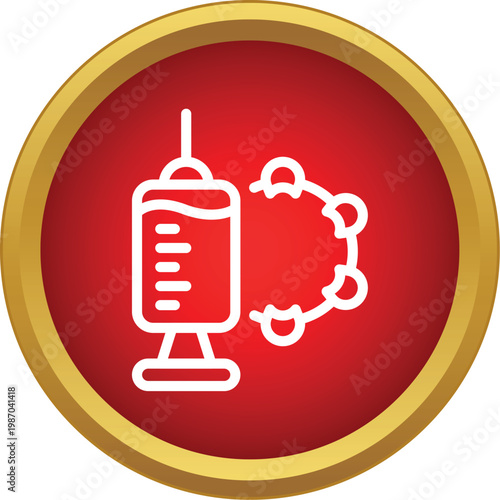 Syringe full of vaccine liquid next to an abstract virus particle