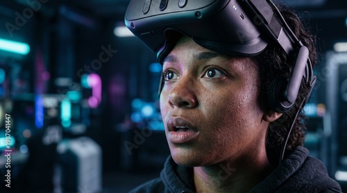 Ultra-realistic close-up of a young wearing a virtual reality headset, soft neon reflections on the skin, emotional expression of awe, shallow depth of field, cinematic lighting