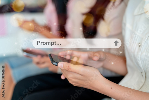 Close up of person using smartphone with AI prompt bar interface for generative artificial intelligence technology concept.