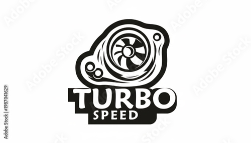 Turbo speed emblem logo with stylized engine fan, motion lines, and bold typography for racing branding