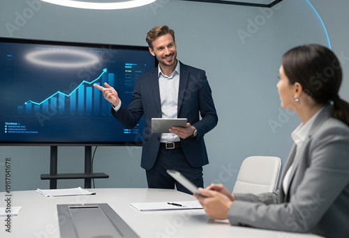 Successful Corporate Professional Presenting Financial Growth Charts and Data Analytics to Colleagues in Modern Office.