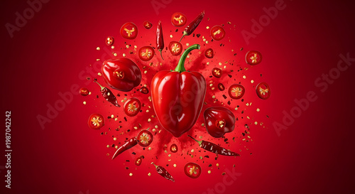 Vibrant Red Bell Peppers and Chilis Arranged Artistically with Sliced Peppers and Seeds