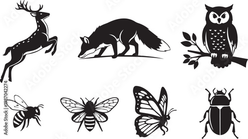 Wild Animals and Insects Silhouette Icon Set Black Vector Art