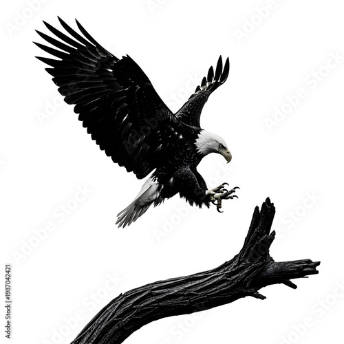 Majestic Eagle in Flight: A powerful bald eagle, with its wings spread wide, descends toward a weathered branch, demonstrating the bird's control and focus.